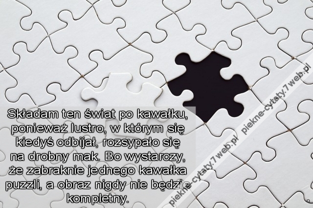 Składam ten świat po kawałku, ponieważ lustro, w którym się kiedyś odbijał, rozsypało się na drobny mak. Bo wystarczy, że zabraknie jednego kawałka puzzli, a obraz nigdy nie będzie kompletny.