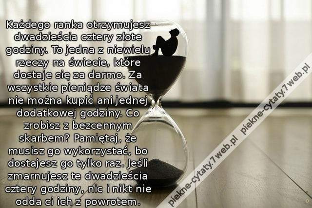 Każdego ranka otrzymujesz dwadzieścia cztery złote godziny. To jedna z niewielu rzeczy na świecie, które dostaje się za darmo. Za wszystkie pieniądze świata nie można kupić ani jednej dodatkowej godziny. Co zrobisz z bezcennym skarbem? Pamiętaj, że musisz