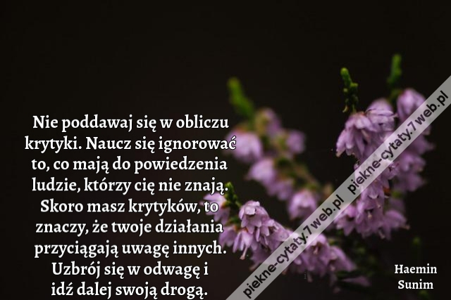 Nie poddawaj się w obliczu krytyki. Naucz się ignorować to, co mają do powiedzenia ludzie, którzy cię nie znają. Skoro masz krytyków, to znaczy, że twoje działania przyciągają uwagę innych. Uzbrój się w odwagę i idź dalej swoją drogą.i