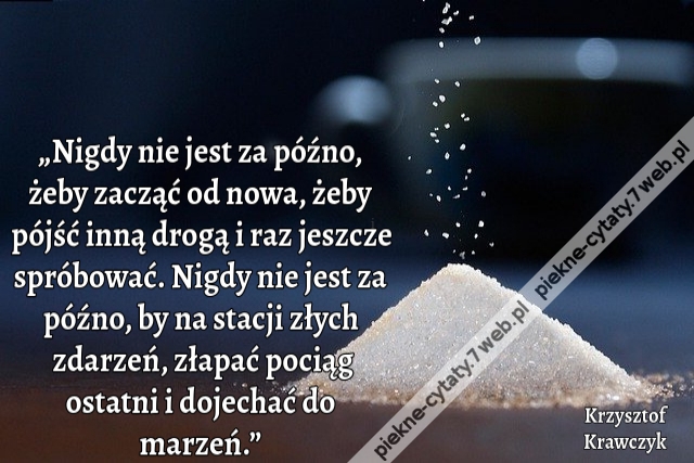 „Nigdy nie jest za późno, żeby zacząć od nowa, żeby pójść inną drogą i raz jeszcze spróbować. Nigdy nie jest za późno, by na stacji złych zdarzeń, złapać pociąg ostatni i dojechać do marzeń.”