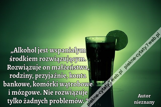 „Alkohol jest wspaniałym środkiem rozwiązującym. Rozwiązuje on małżeństwa, rodziny, przyjaźnie, konta bankowe, komórki wątrobowe i mózgowe. Nie rozwiązuje tylko żadnych problemów. ”