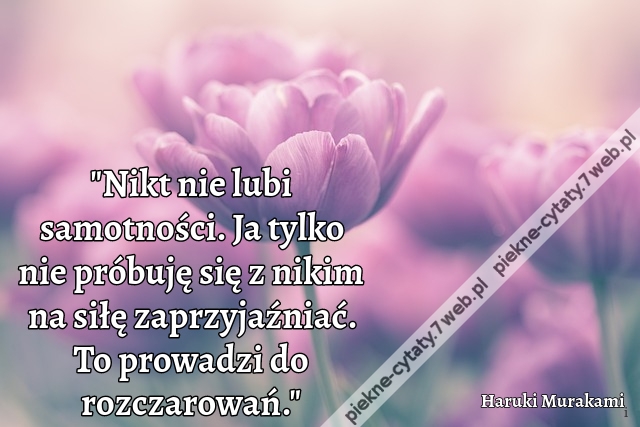 Nikt nie lubi samotności. Ja tylko nie próbuję się z nikim na siłę zaprzyjaźniać. To prowadzi do rozczarowań.