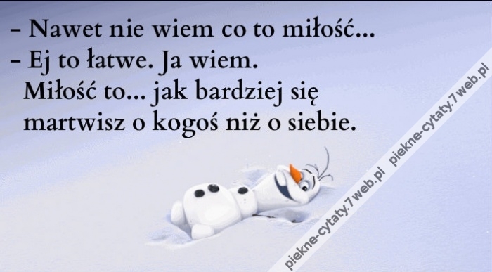 Nawet nie wiem co to miłość. -Ej to łatwe. Ja wiem. Miłość to... jak bardziej się martwisz o kogoś niż o siebie.